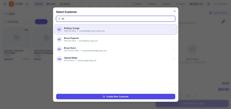 X POS customer search dialog listing matching customers with phone and email