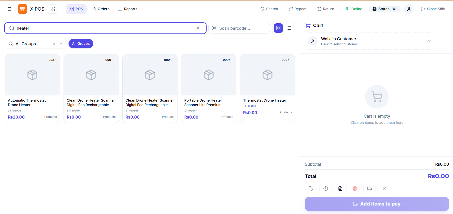 X POS item grid and search view