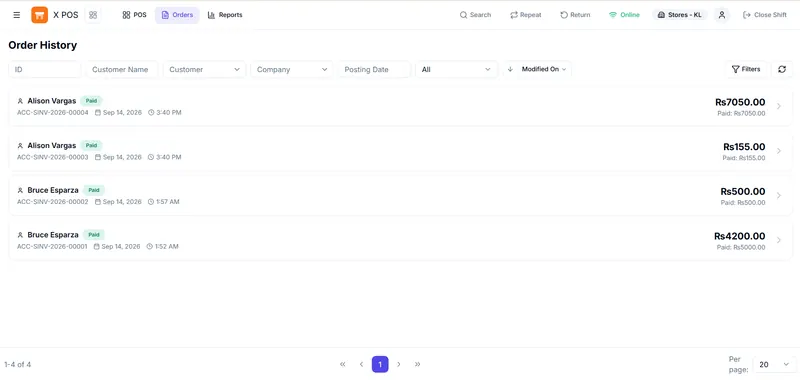 X POS order history listing paid sales invoices with customer, date and amount