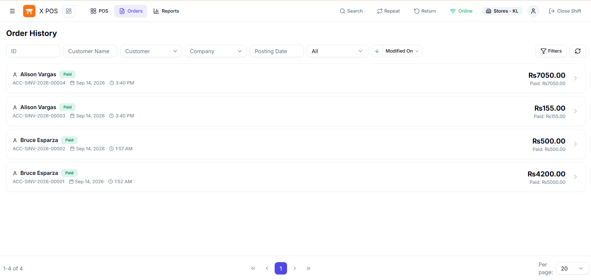 X POS order history list