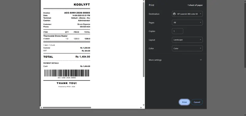 X POS 80mm thermal receipt in the print preview, with a barcode for the invoice number