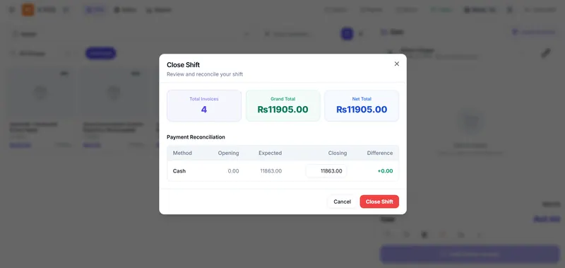 X POS close shift dialog reconciling expected and counted cash