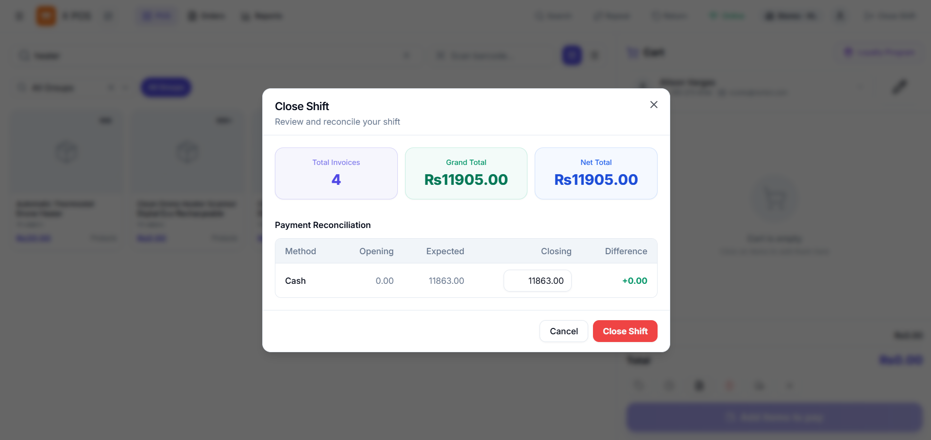 X POS shift close and cash reconciliation screen