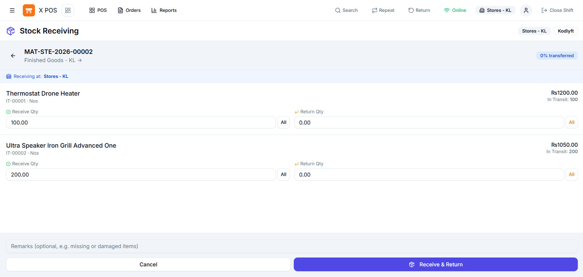 X POS stock and purchasing screen