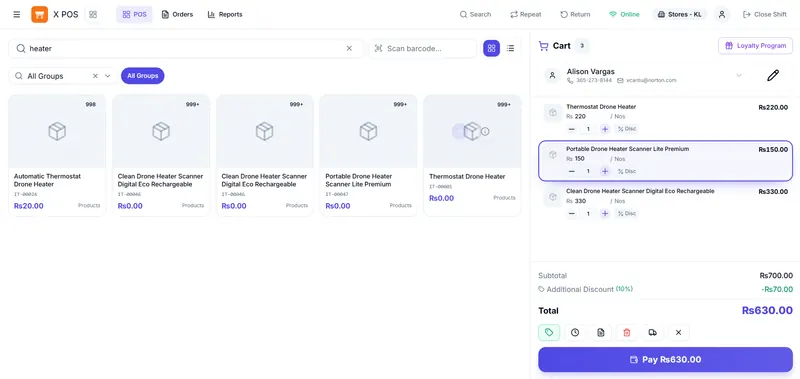 X POS checkout screen: item search results on the left, a three-item cart with discount and total on the right